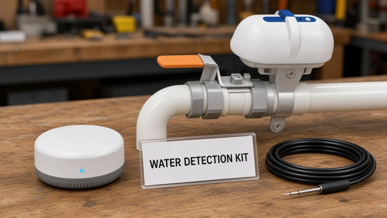 Puck versus rope and cable water leak sensor styles on a class table