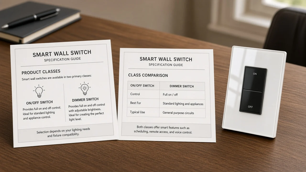 RFQ cards for on/off versus dimming beside a US smart wall switch