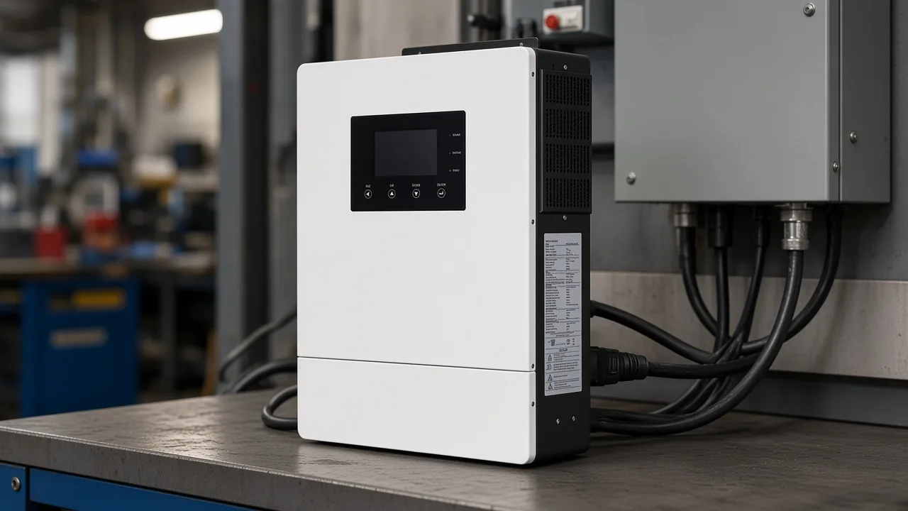 Hybrid solar inverter with AC cables running toward a disconnect enclosure