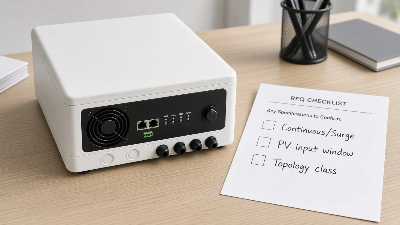 Solar inverter beside RFQ fields for continuous rating, PV input window, and topology class