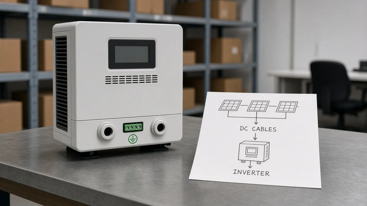 Hybrid solar inverter beside PV array interface notes on a distributor bench
