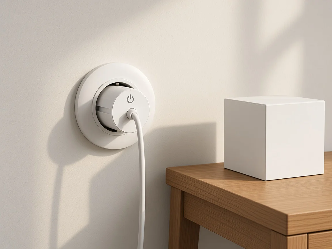 White plug-in socket seated in a round wall outlet beside a gateway box