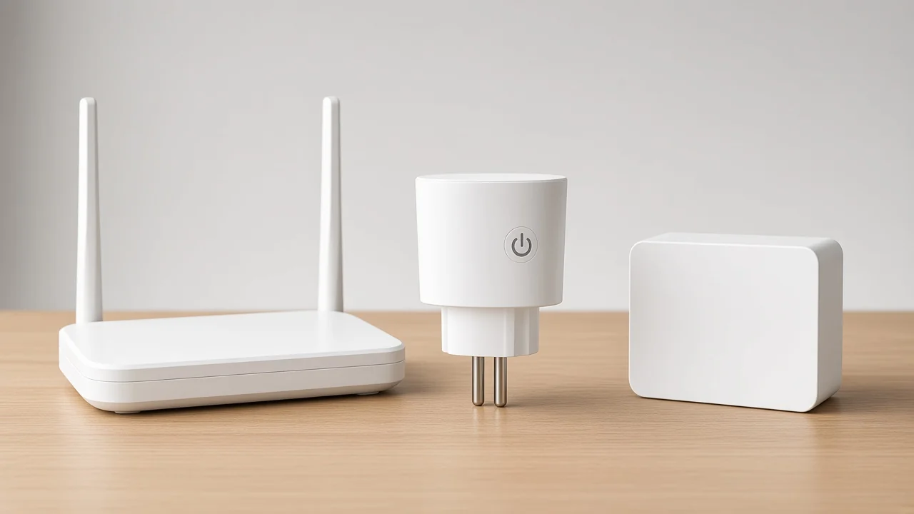 White plug-in socket between a Wi-Fi router and a separate gateway box