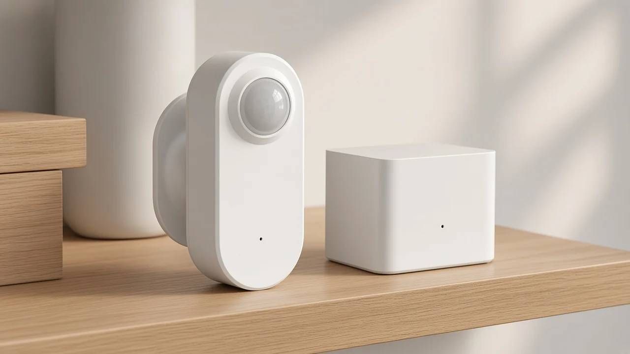 White presence sensor on a shelf beside a small gateway box