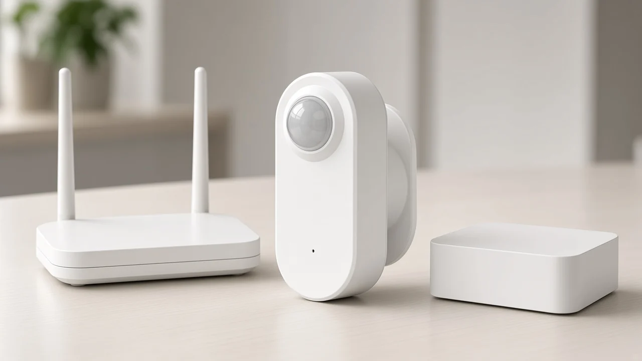 White presence sensor between a Wi-Fi router and a gateway box