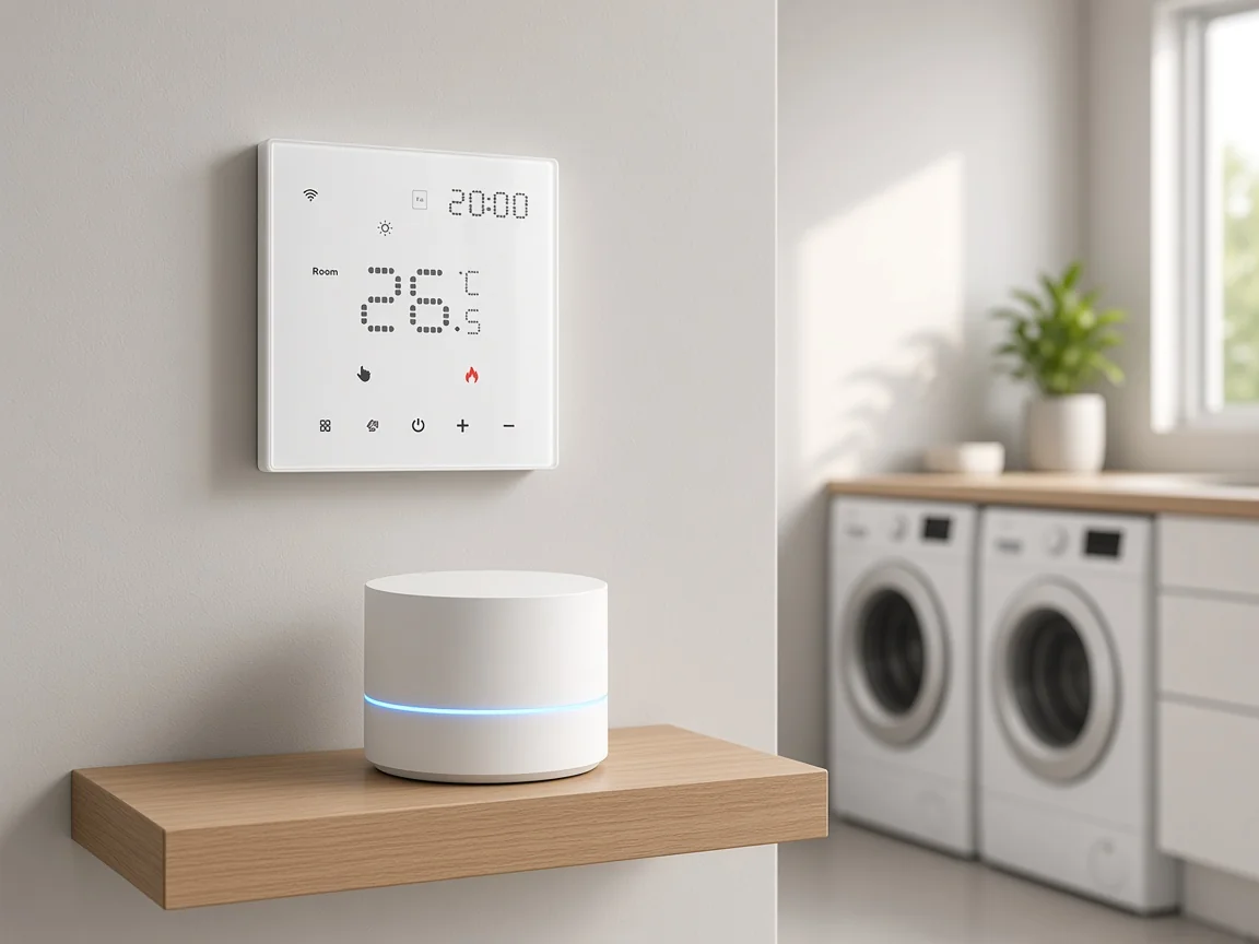 Wall thermostat mounted above a separate white Zigbee gateway hub on a shelf