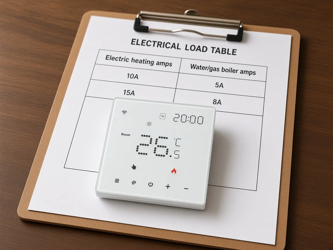 Wall thermostat on a clipboard with an electric versus water-gas load worksheet