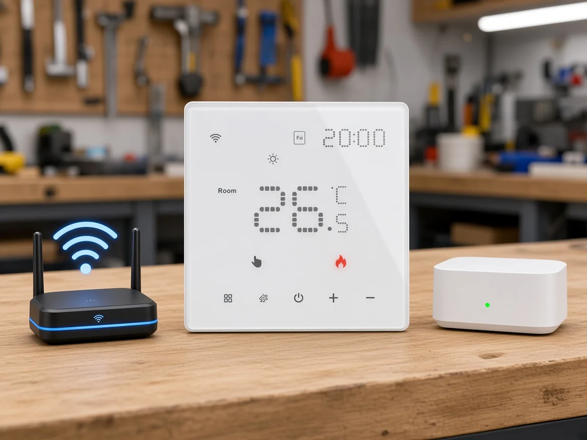 Wall thermostat on a bench between a Wi-Fi router and a Zigbee gateway hub