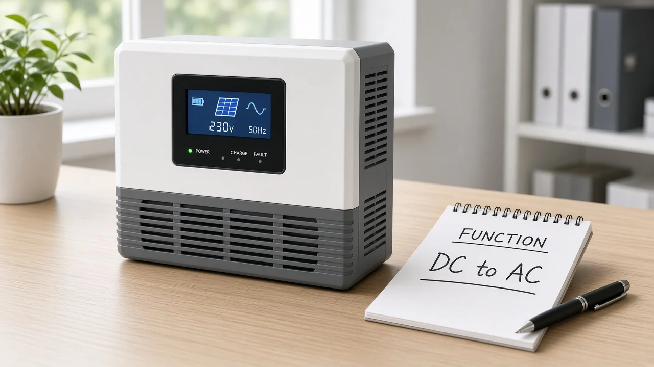 Solar inverter on a B2B quote desk illustrating DC to AC conversion function
