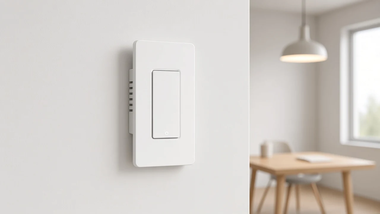 Single-rocker wall switch on a sample-room wall with the ceiling lamp on