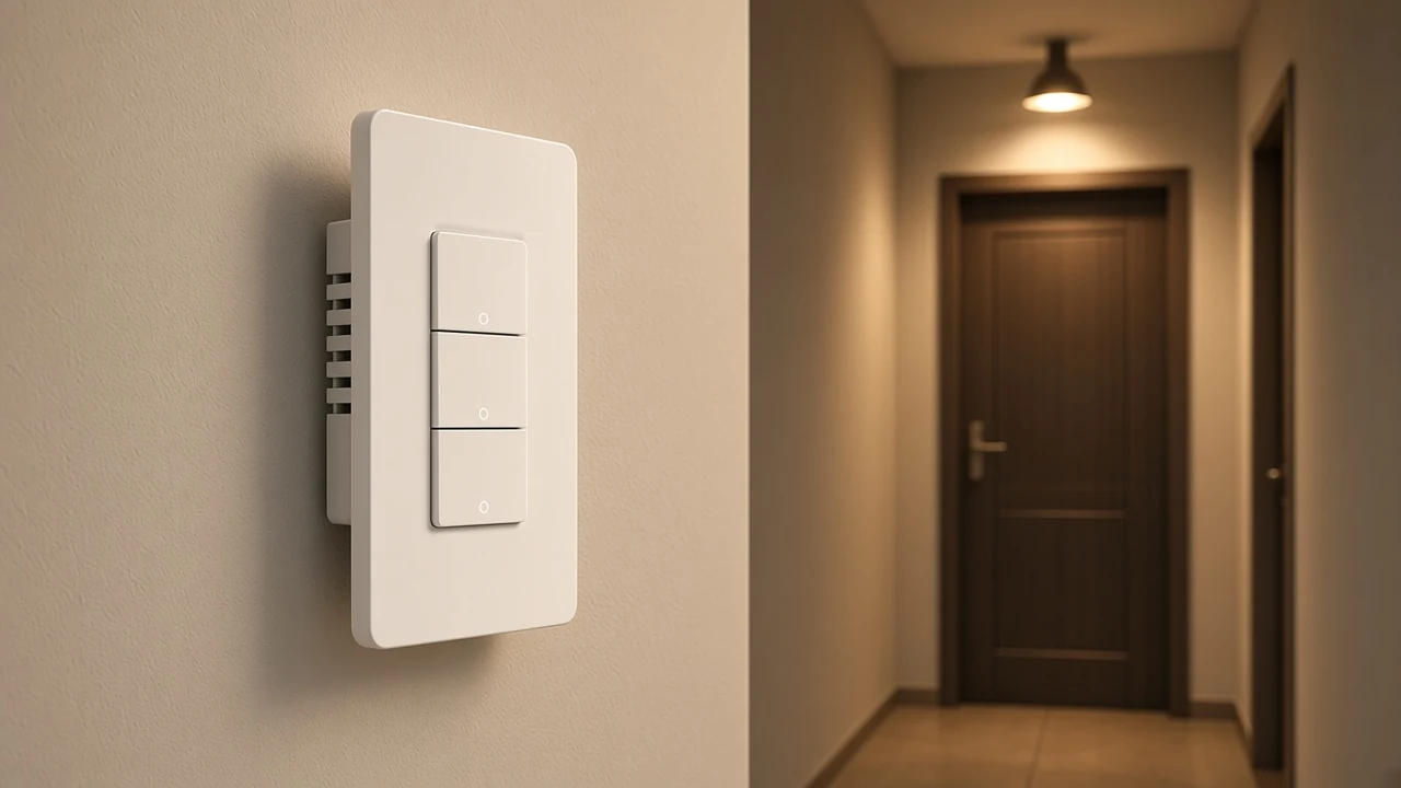 Three-gang wall switch in a hallway with the ceiling light on