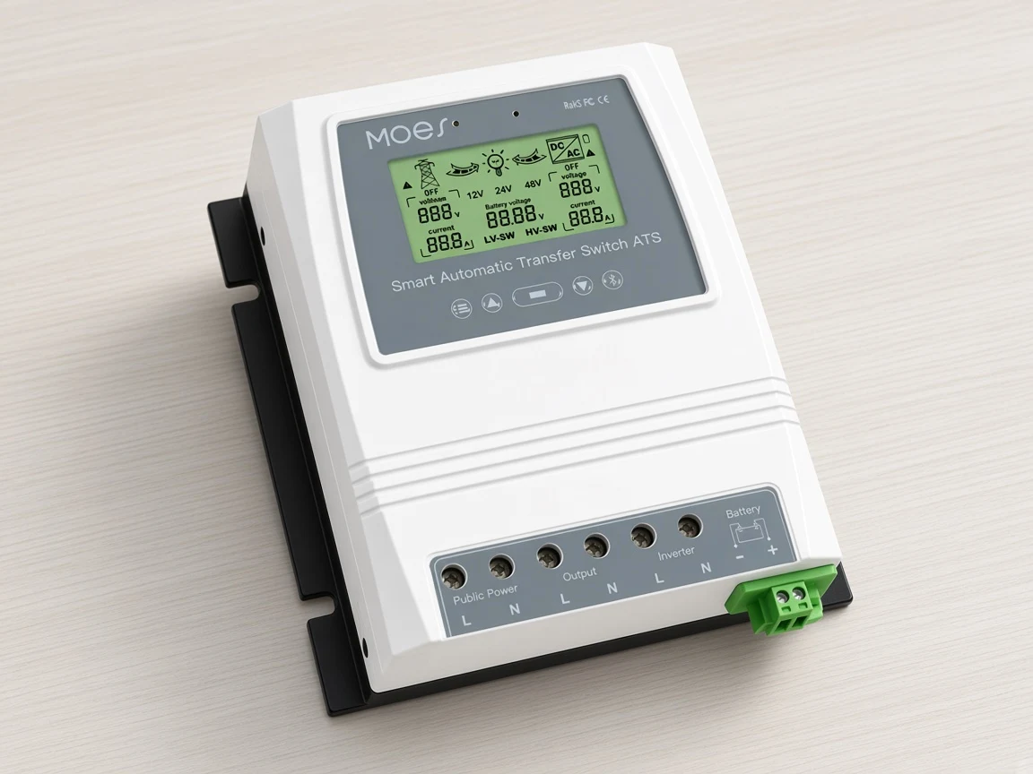 MOES ATS terminal row showing public power output inverter and battery