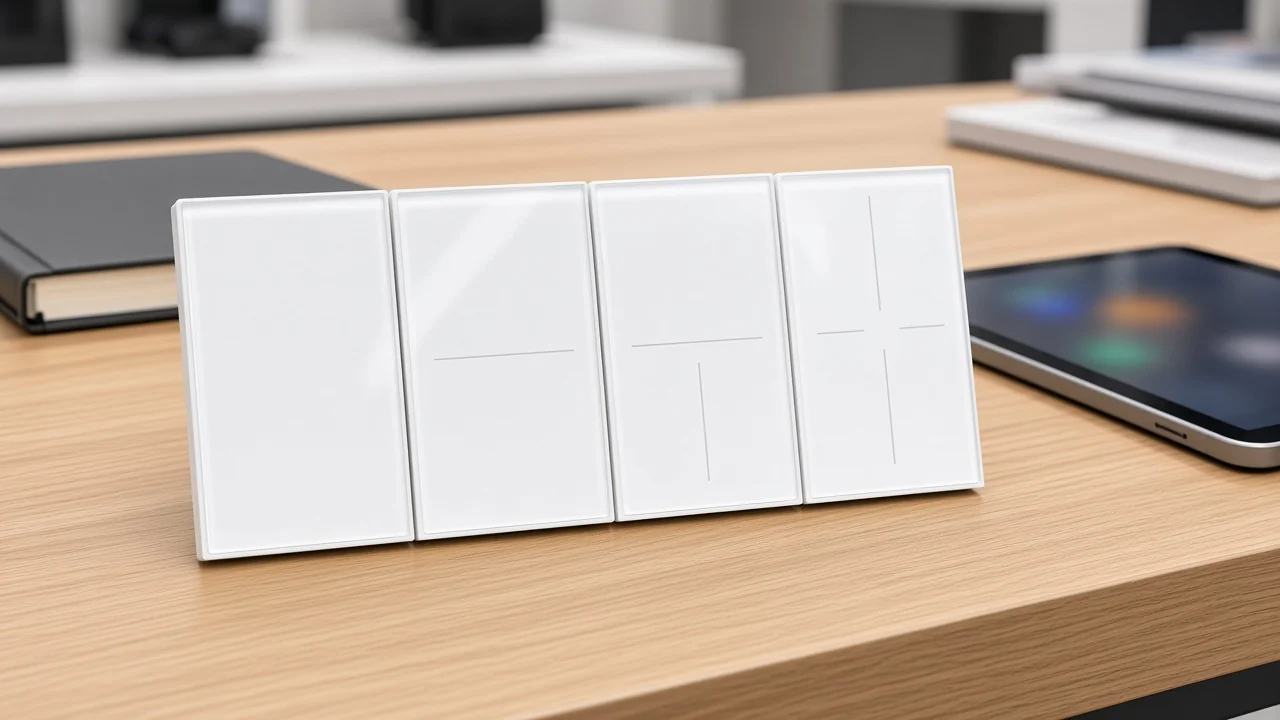 White glass touch switch on a sample table beside a blurred tablet