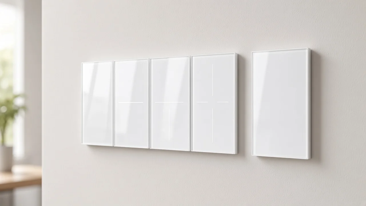 White glass touch switch on a finished wall beside a blank plate