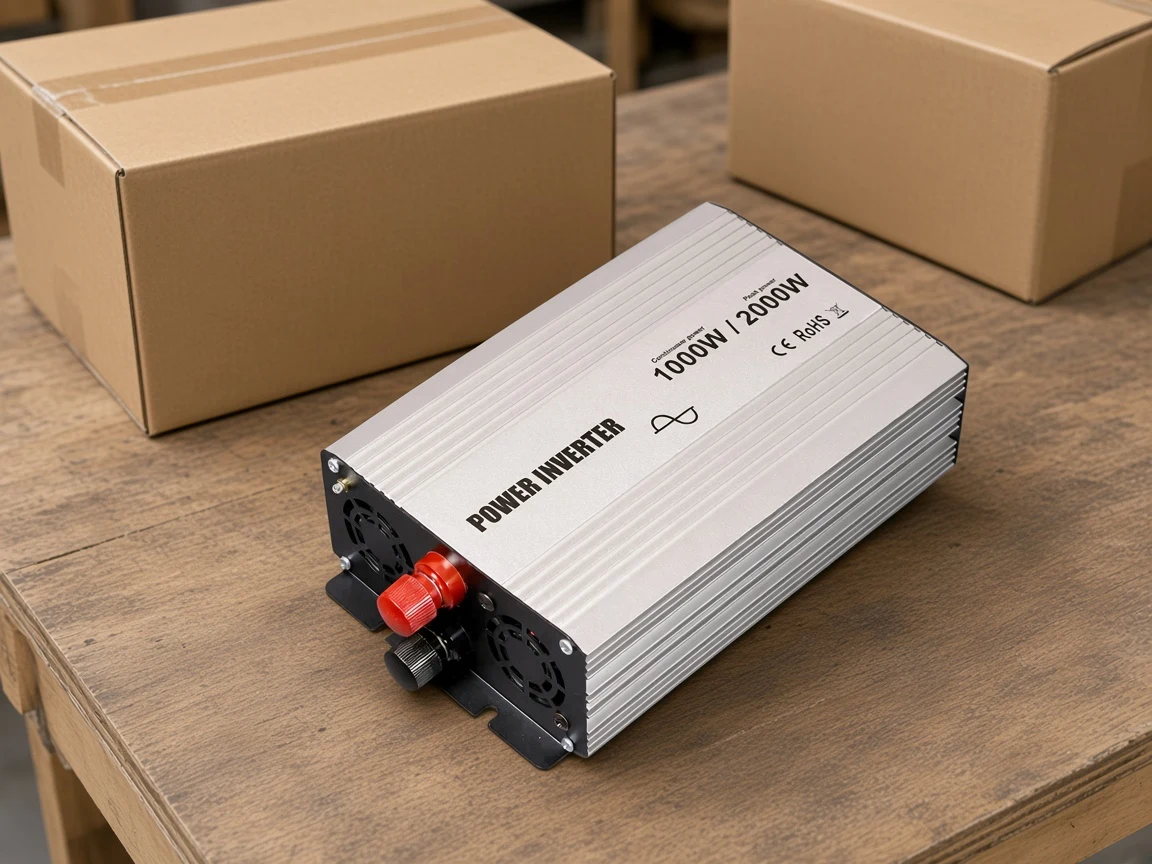 MOES power inverter alone on a packing table with unlabeled cartons behind it