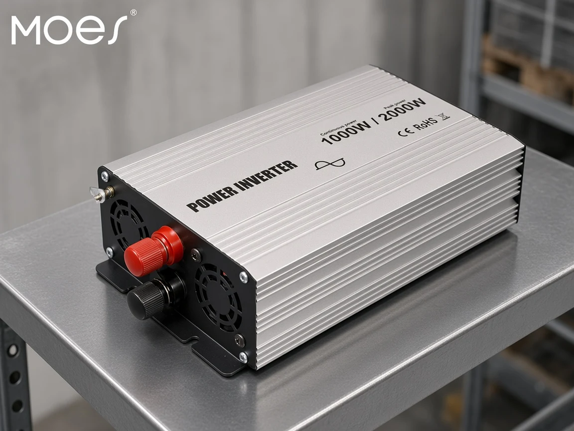 MOES power inverter chassis on a steel shelf as a product-class example