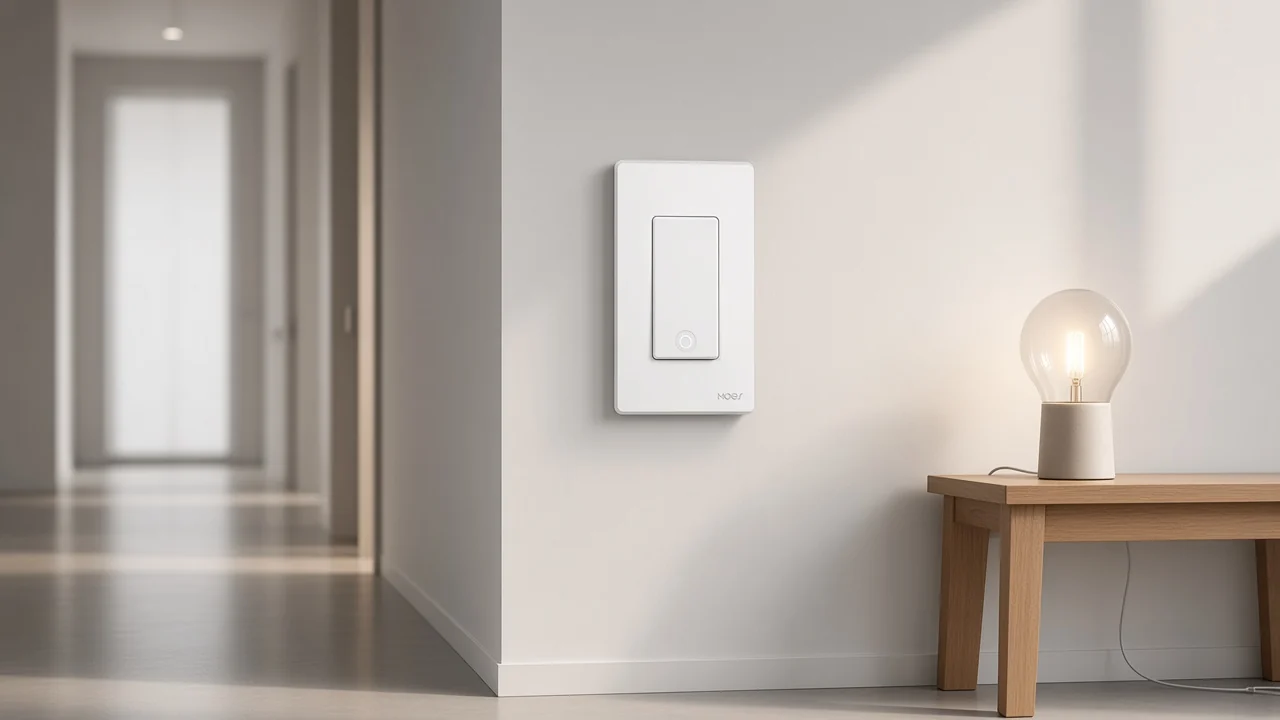 White wall smart switch on a corridor wall beside a table lamp with an ordinary bulb
