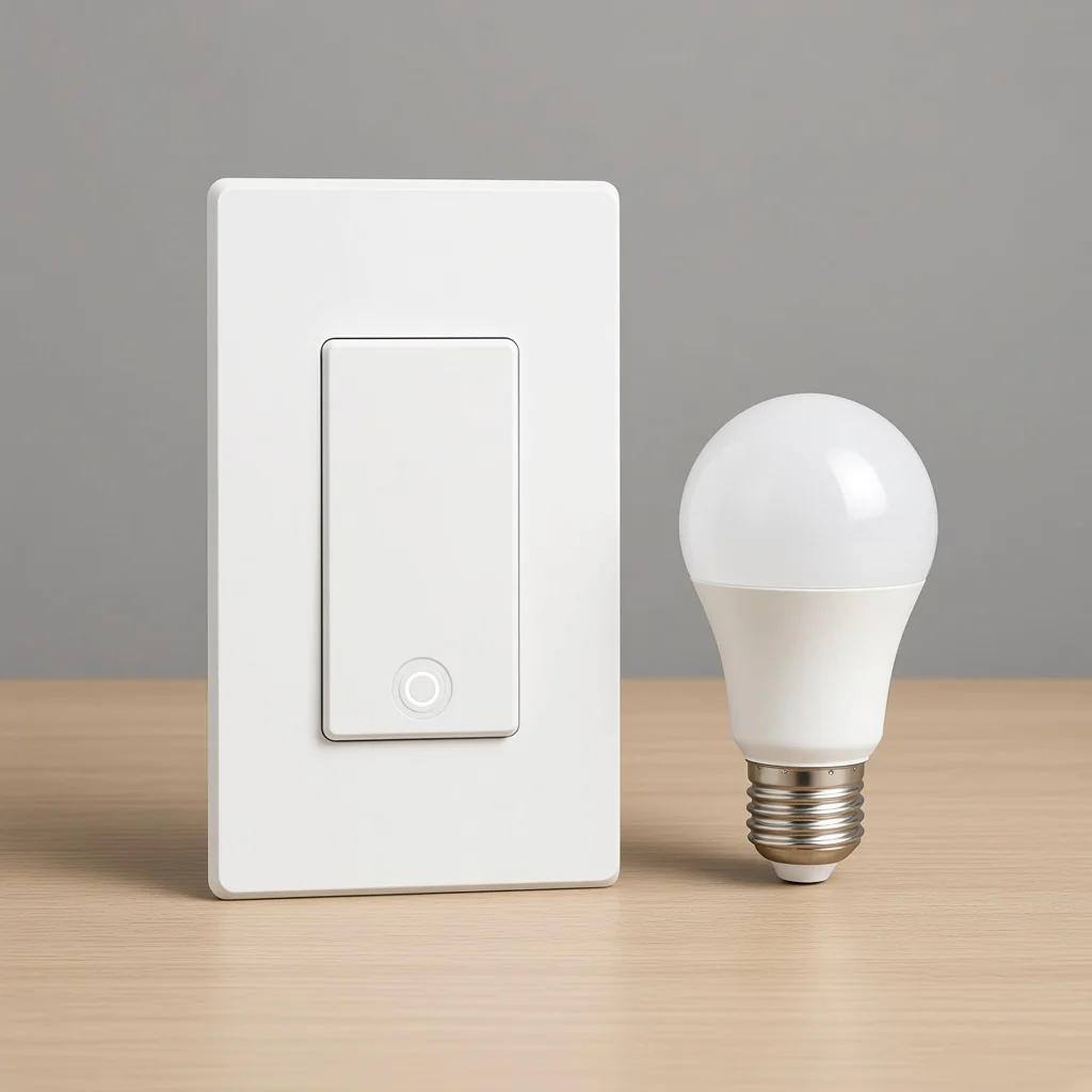 MOES wall switch standing beside an ordinary LED lamp on a sample table