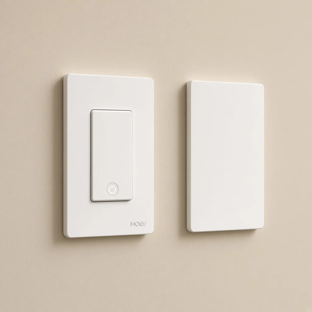MOES wall switch on a finished wall beside a blank plate