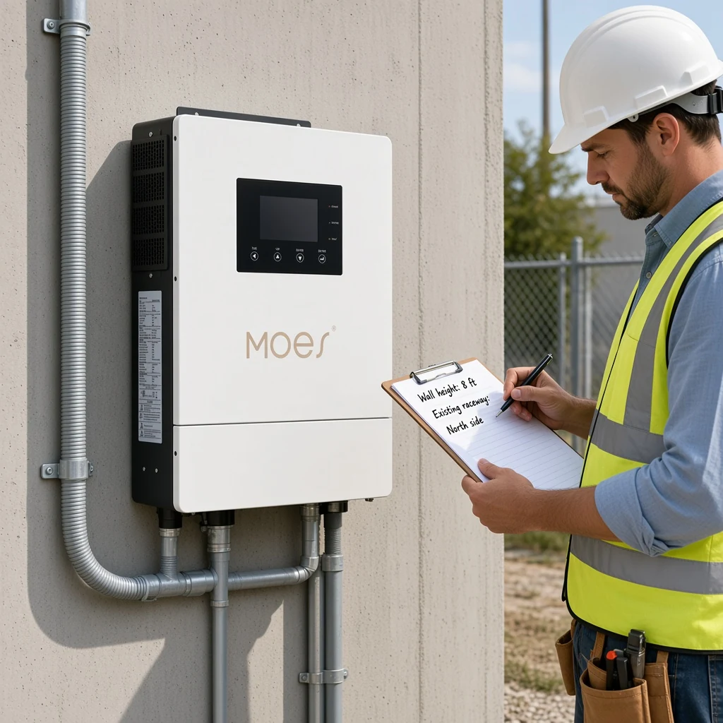 MOES hybrid solar inverter on wall with inverter installation labor access notes