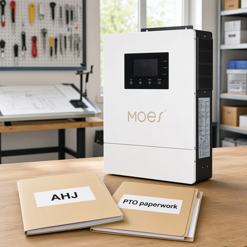 MOES hybrid inverter beside AHJ permit and inspection folders