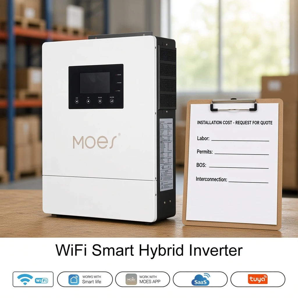 MOES hybrid solar inverter on workbench with solar inverter installation cost RFQ clipboard