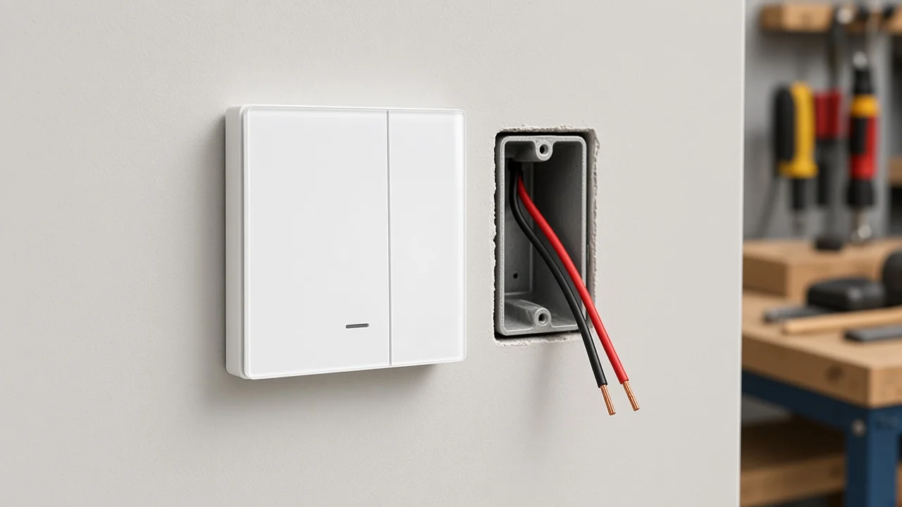 White smart wall switch beside an open wall box with only two conductors and no white neutral bundle