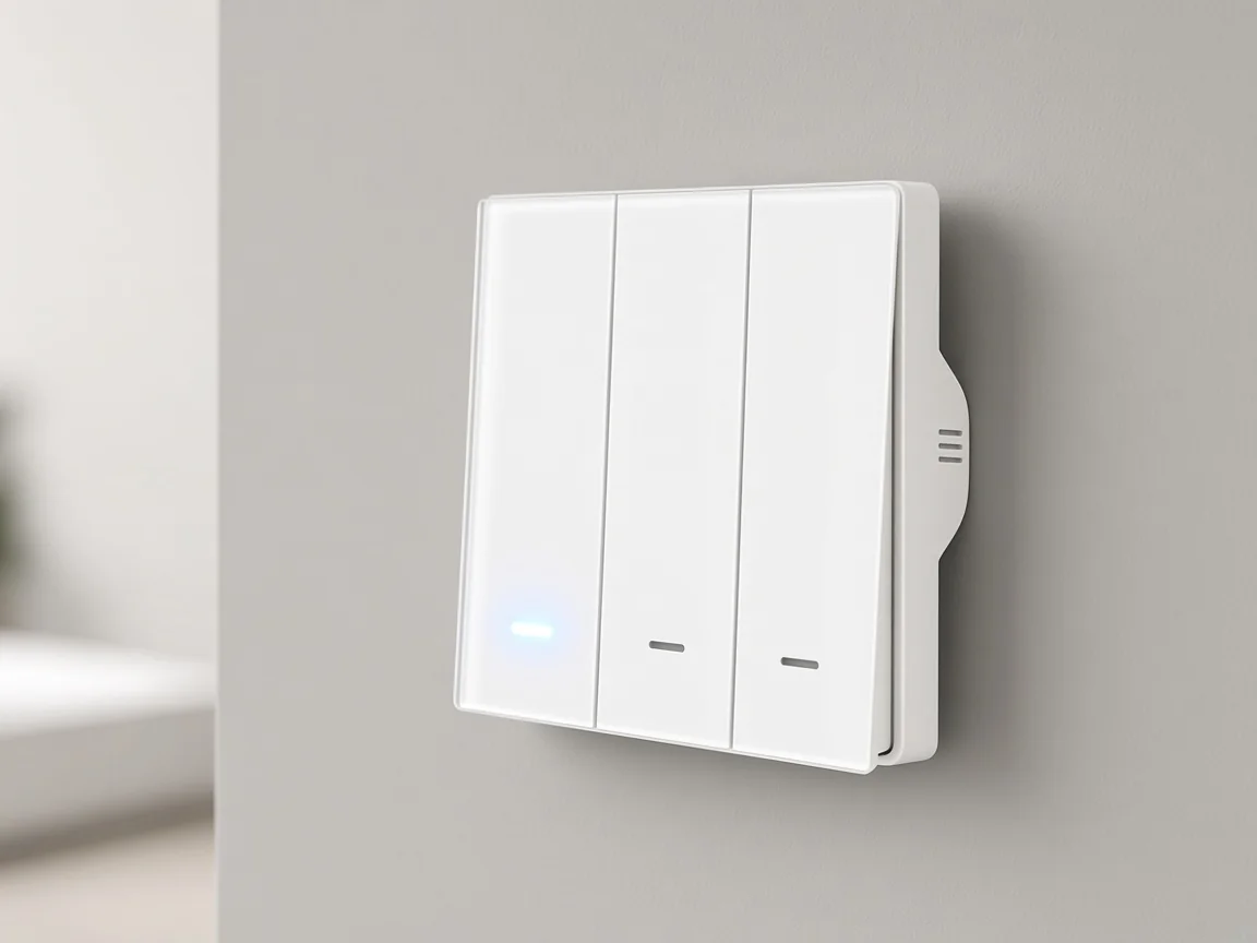 White three-gang smart wall switch plate with one gang indicator lit