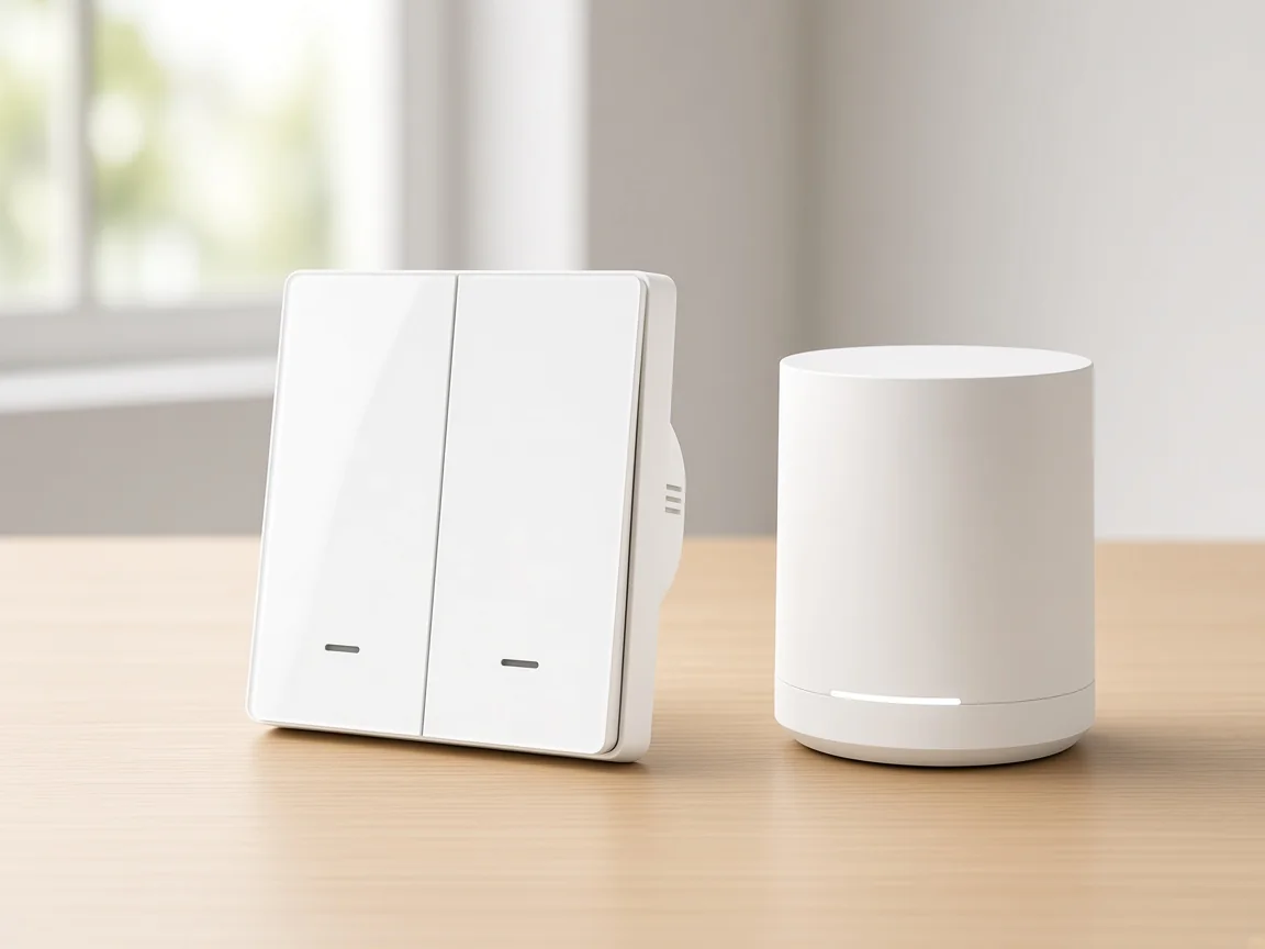 White multi-gang smart wall switch beside a cylindrical Zigbee gateway hub on a desk