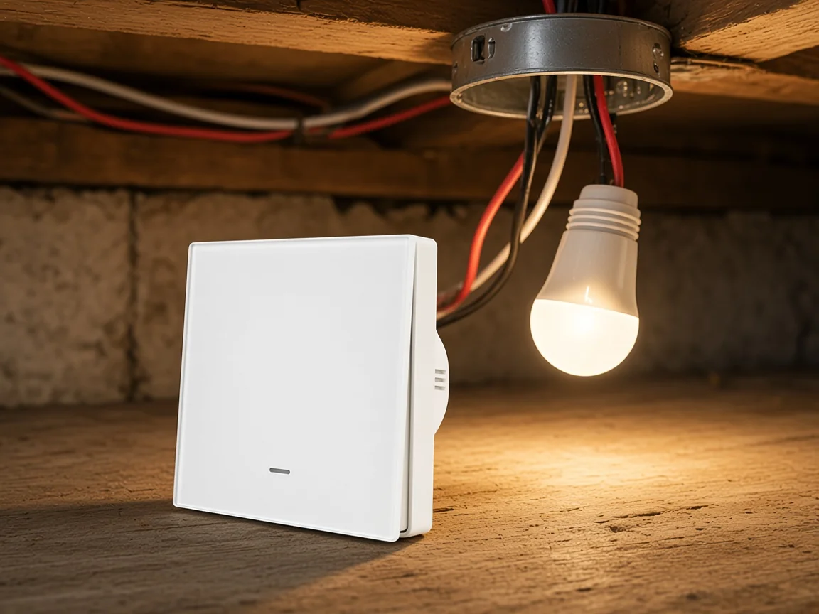 White smart wall switch on a workbench beside a lit LED lamp and open fixture wiring