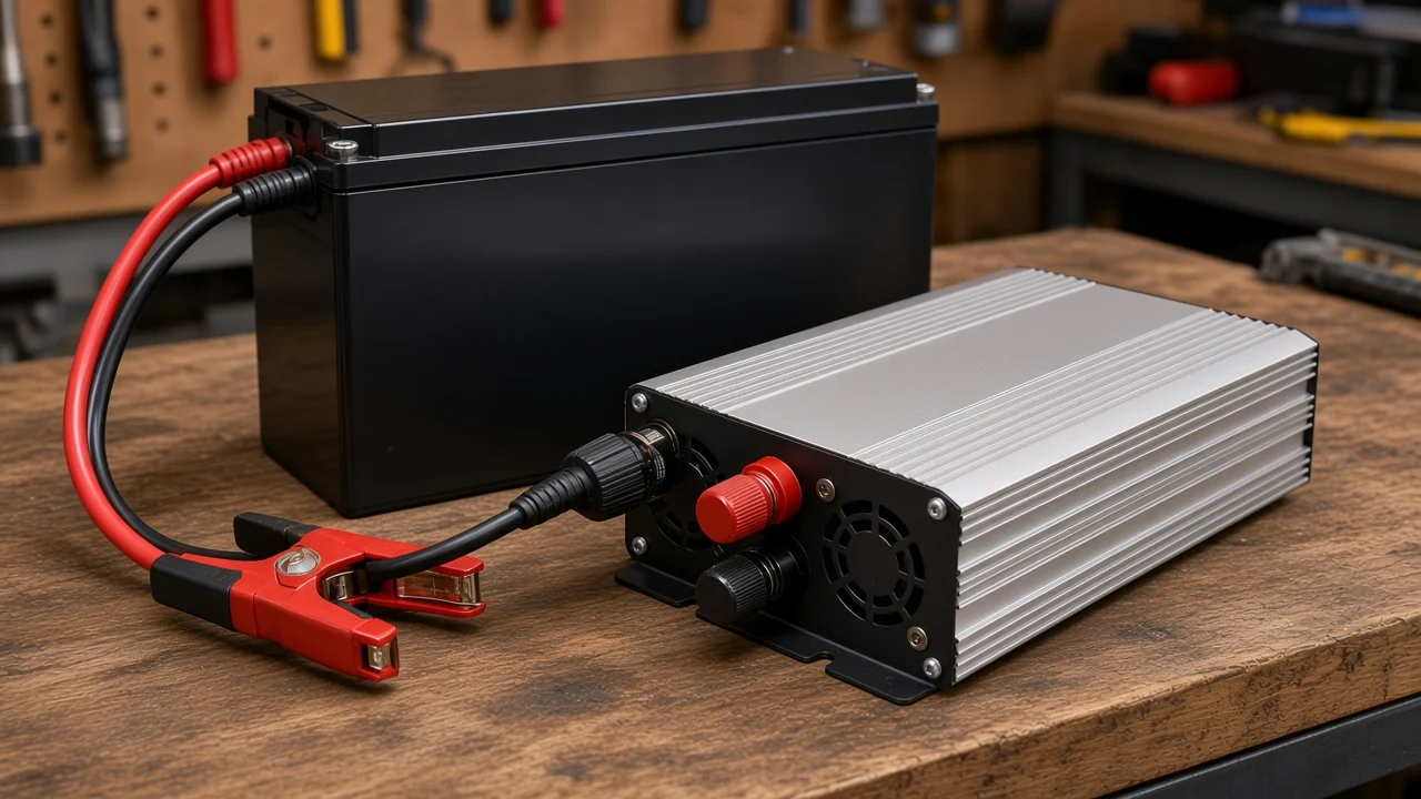 Power inverter cabled toward a battery bank so the DC input class can be matched before a SKU is named