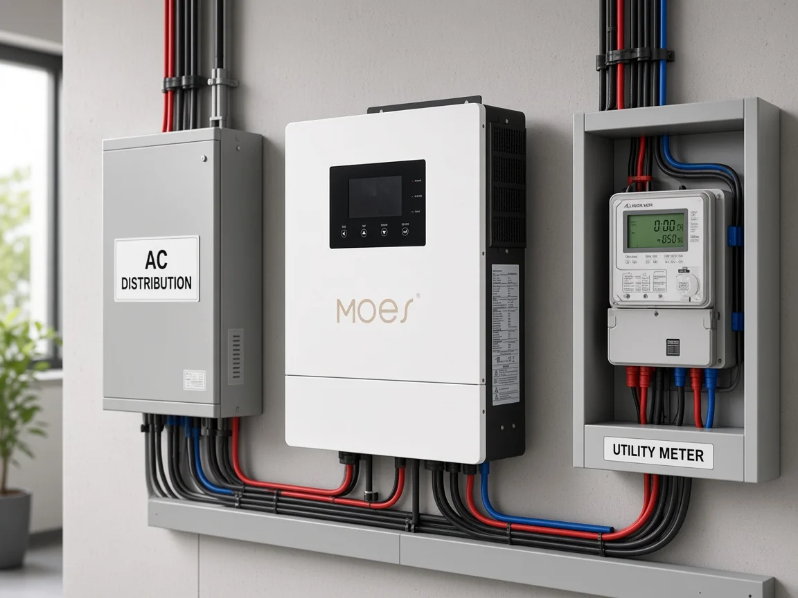 Grid-interactive hybrid solar inverter mounted beside an AC distribution board on a facility utility wall