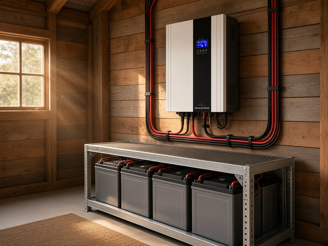 Islanded off-grid inverter and charger mounted above a battery rack in a remote utility room