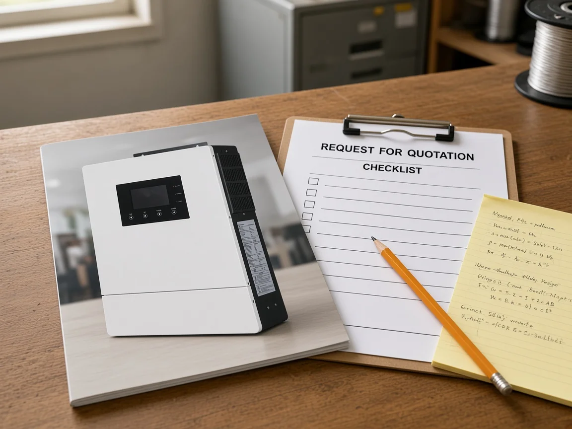 RFQ checklist beside hybrid inverter paperwork for PV window and battery voltage