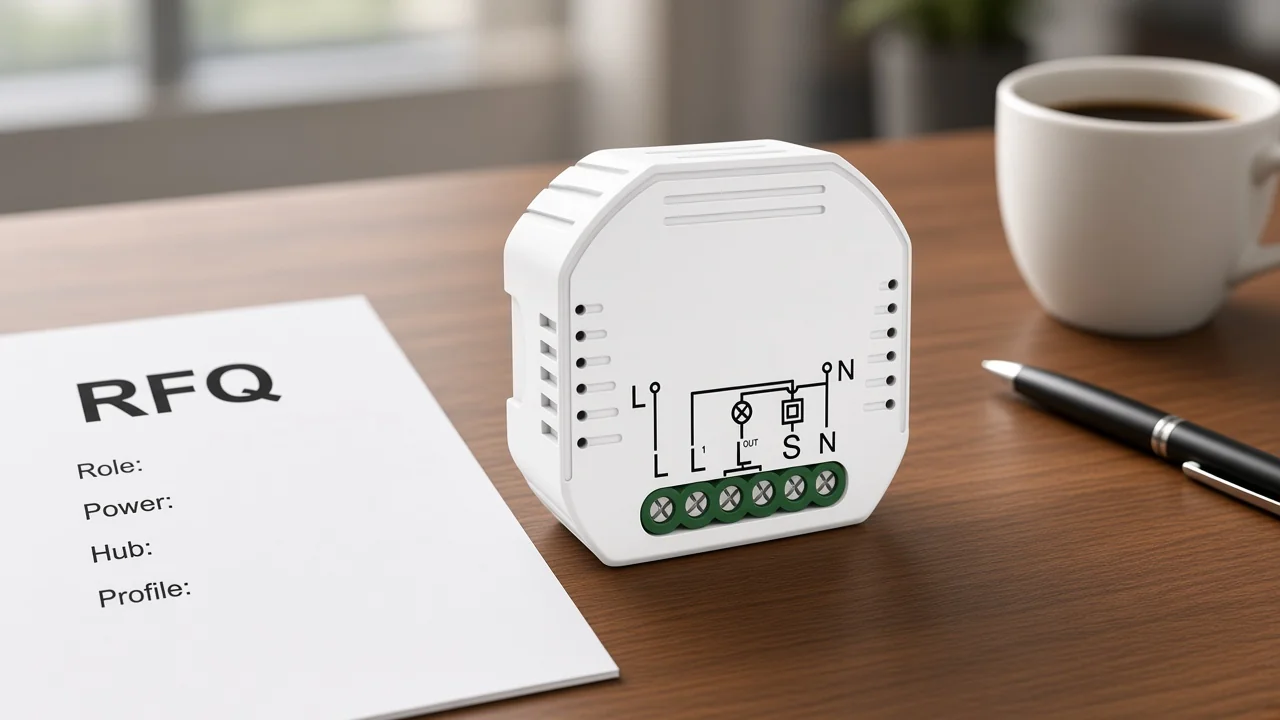 RFQ form with role, power, hub, and profile fields beside a ZigBee module