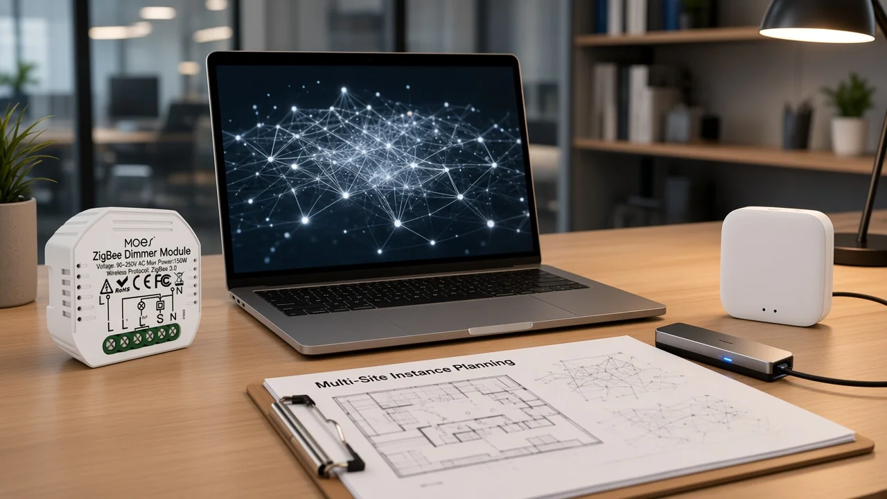 Integrator reviewing Zigbee network visibility and multi-instance planning on a project desk
