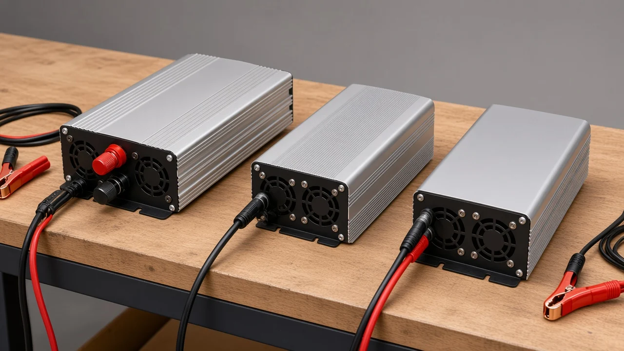 Three power inverter housings on a bench showing that waveform class is not visible from the case alone