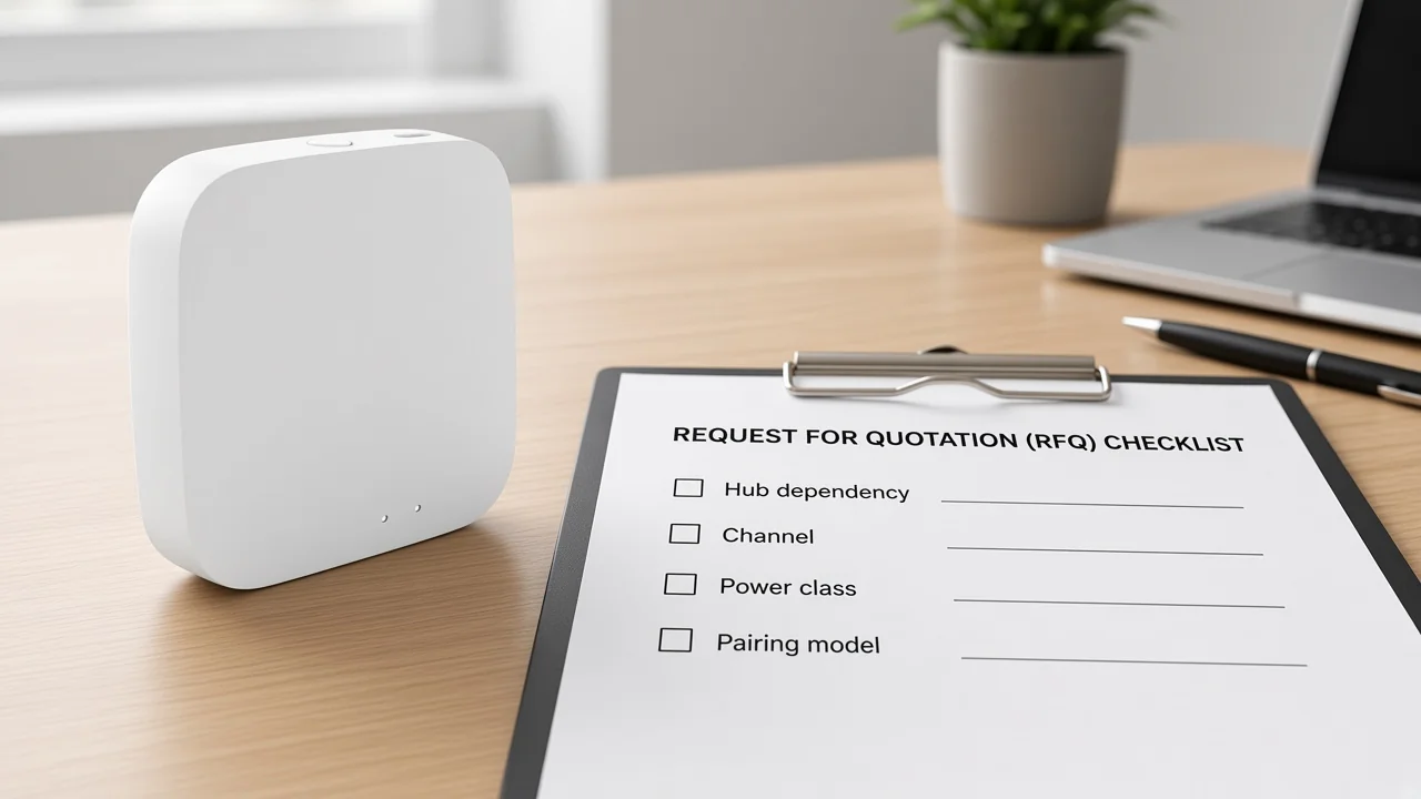 ZigBee hub beside an RFQ checklist for hub, channel, power, and pairing