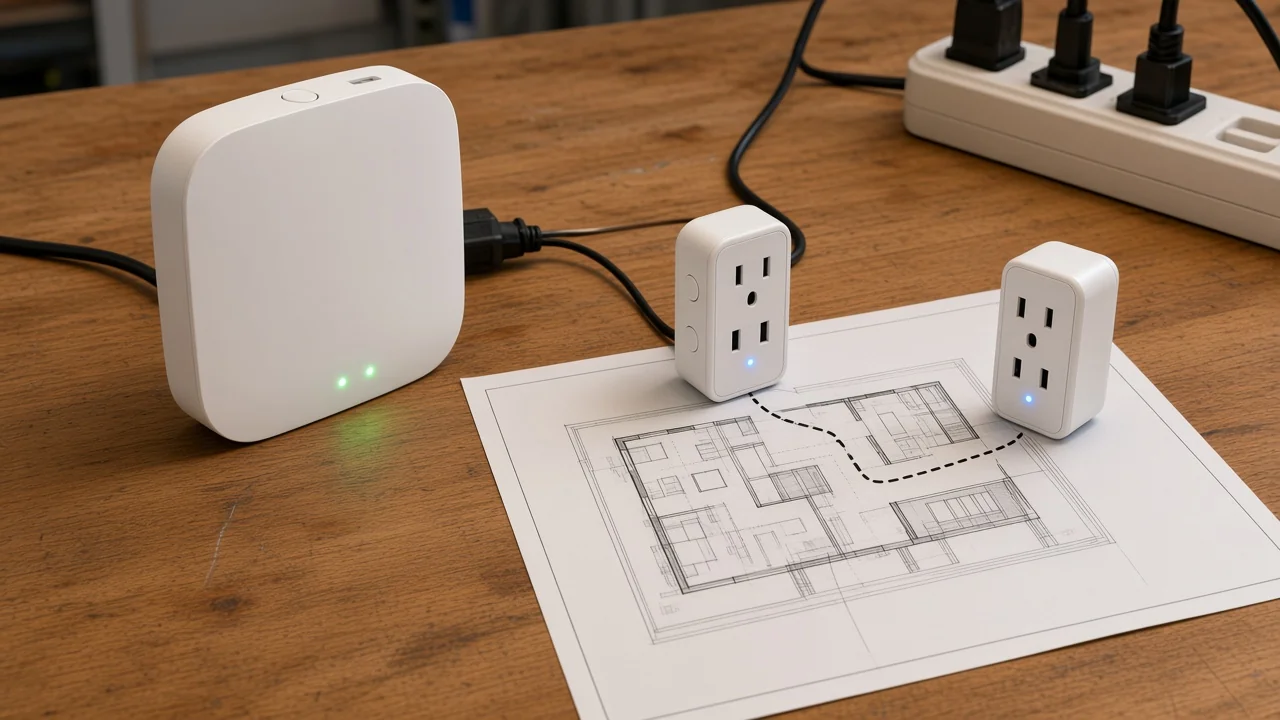 ZigBee hub with mains modules extending a mesh path on an installer bench