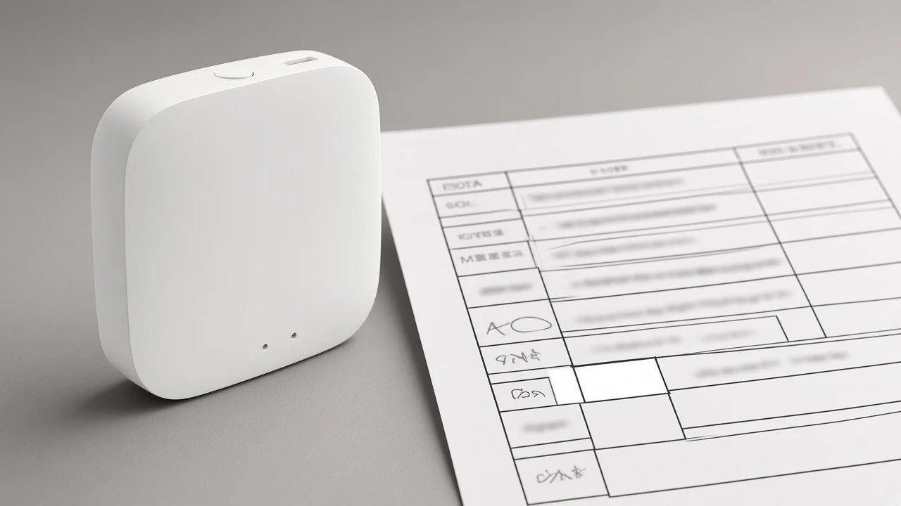 ZigBee hub next to a spec sheet with a blank child-count row