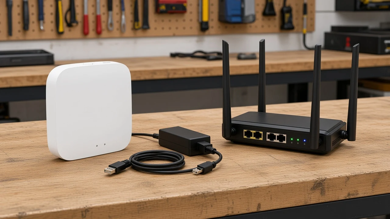 ZigBee hub beside a Wi-Fi router on an installer bench