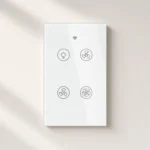 White glass ceiling fan and light wall control on a pale interior wall