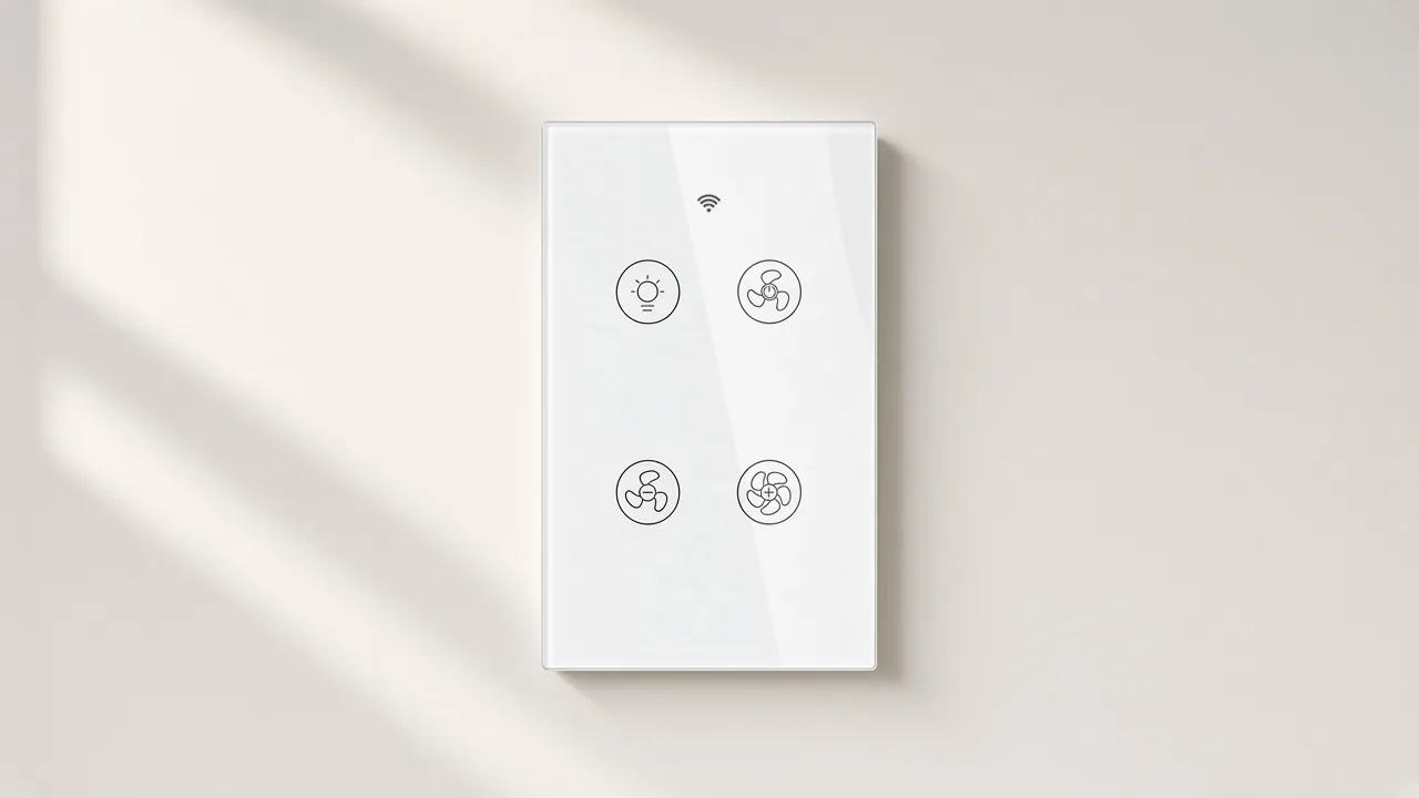 White glass ceiling fan and light wall control on a pale interior wall