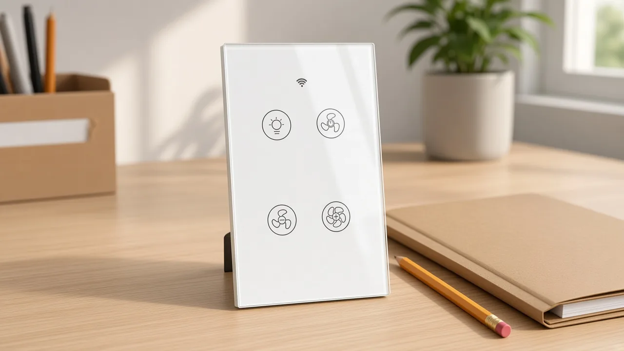 White glass ceiling fan and light wall control standing on a quote desk
