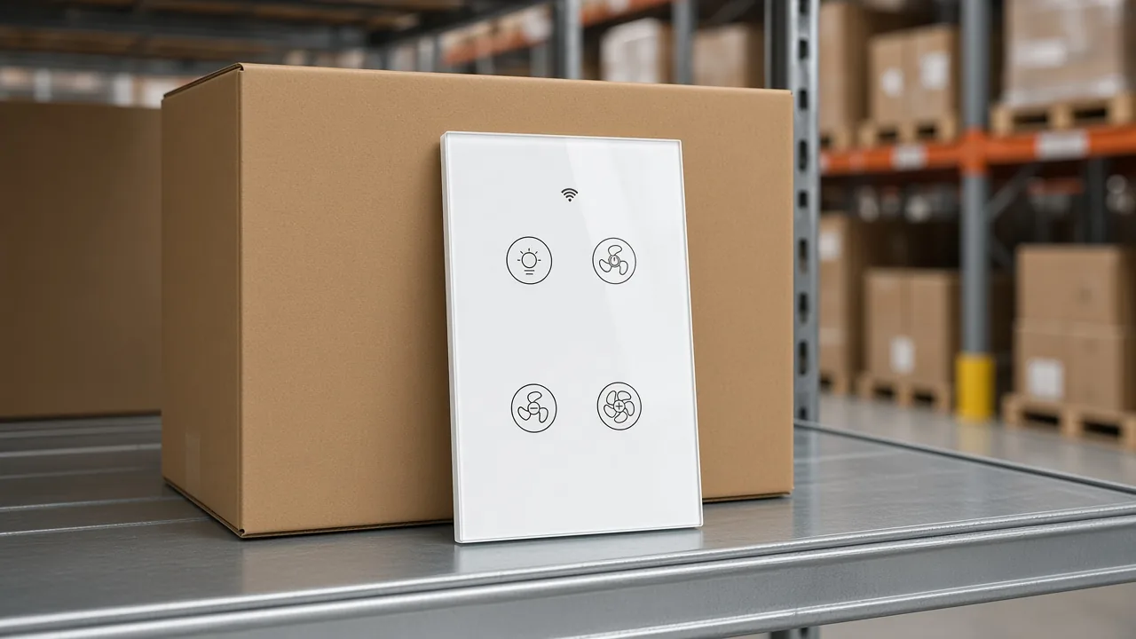 White glass ceiling fan and light wall control in front of a warehouse carton