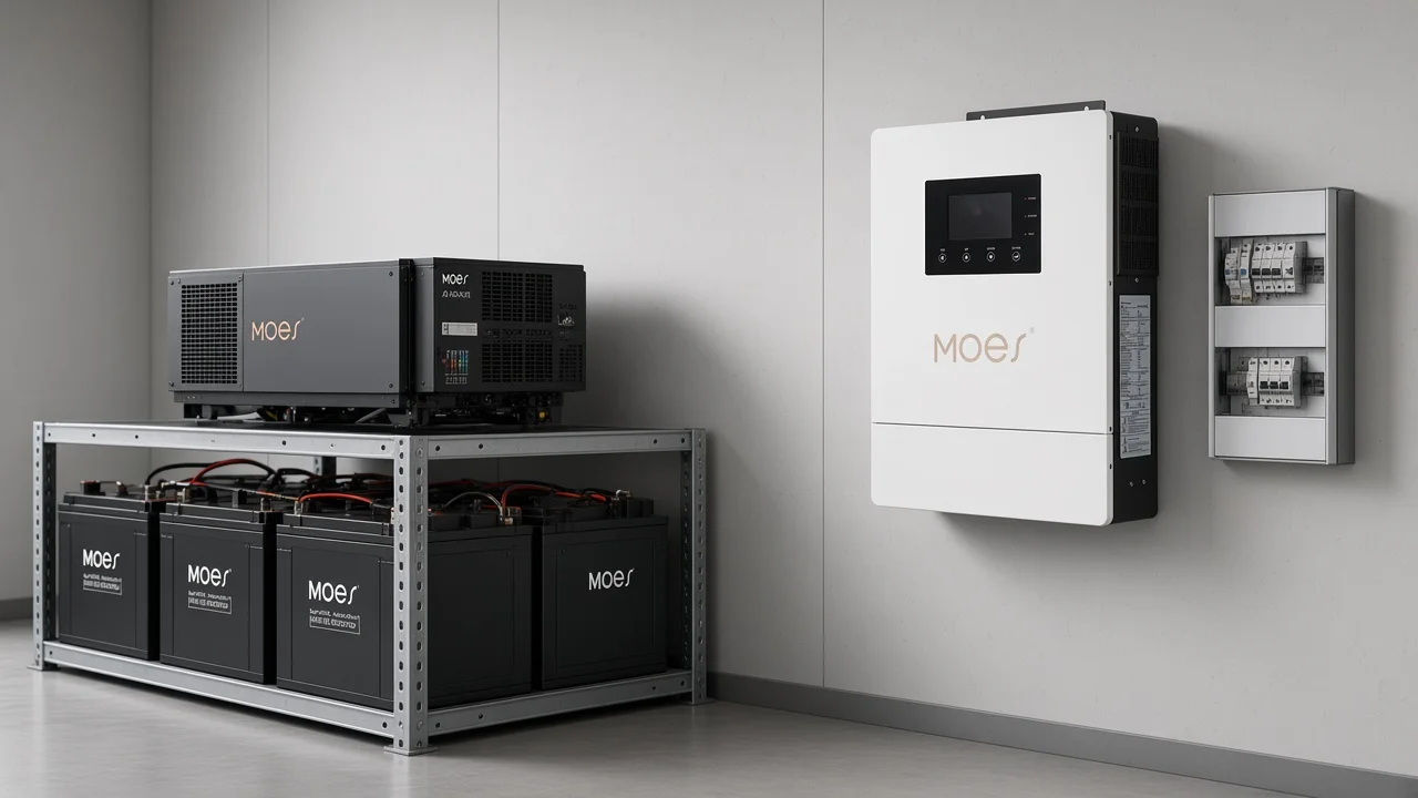 Utility room wall comparing an islanded off-grid inverter and battery rack with a grid-interactive hybrid inverter beside distribution