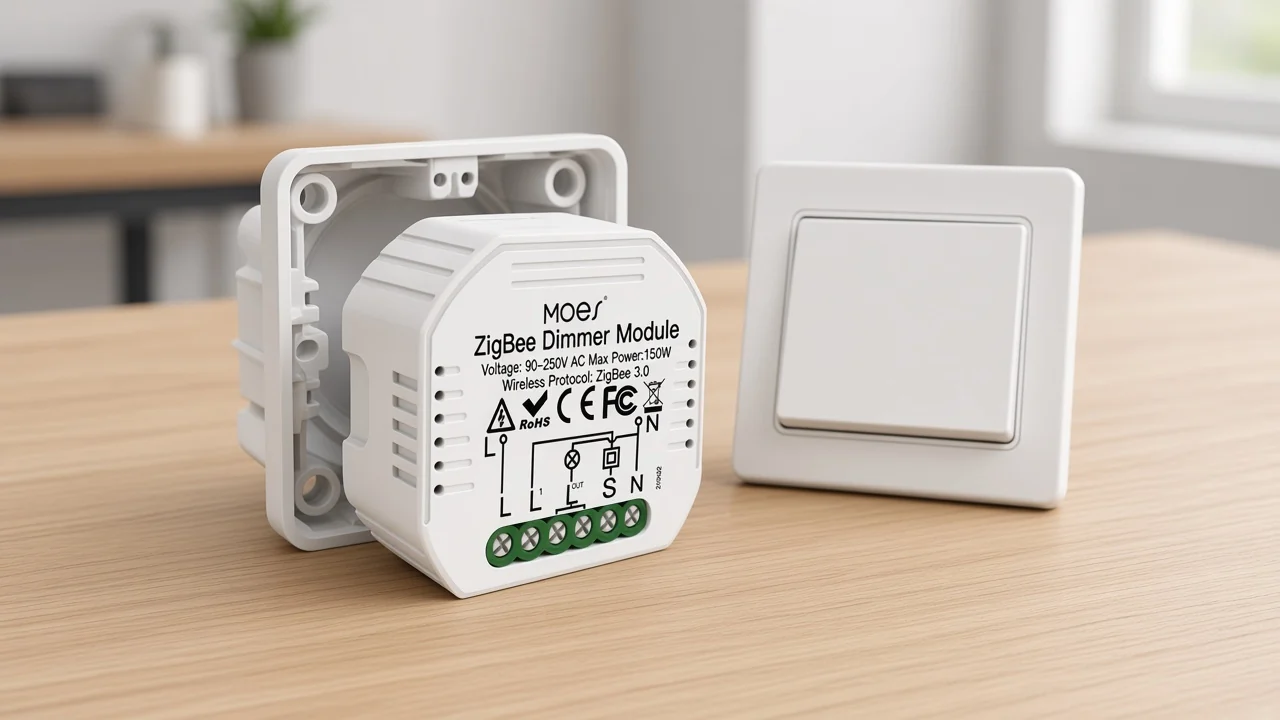 White Zigbee dimmer module seated in an open wall box beside a rocker plate