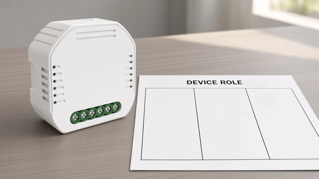 ZigBee dimmer module on a B2B desk beside a device-role quote sheet