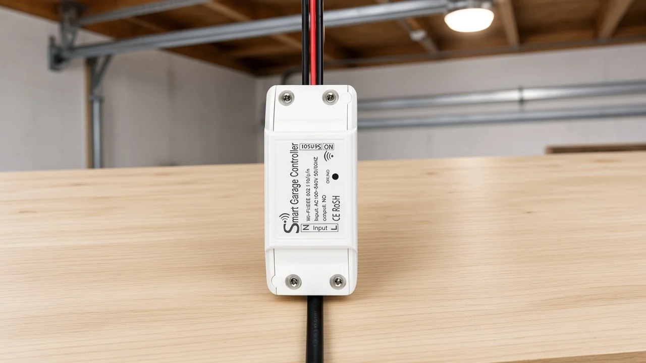 White Wi-Fi garage door controller on a bench with a ceiling opener rail behind it