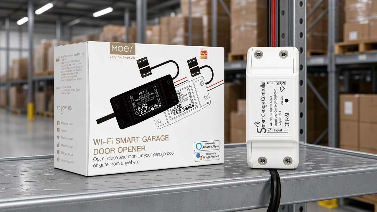 MOES Wi-Fi garage door controller carton and device on a warehouse shelf